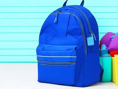 Arka planda Mavi Okul Sırt çantası 