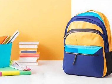 Arka planda Mavi Okul Sırt çantası 