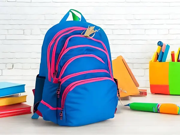 stock image Blue school backpack on background 