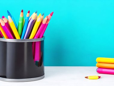 Boya kalemleri, kırmızı elma ve siyah karatahta arka planında kitapları olan metal tutucu. 