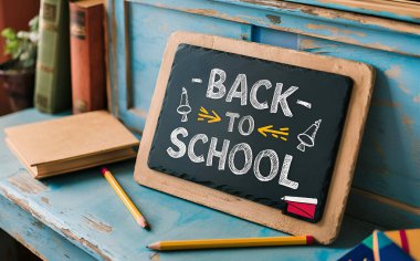 Tahta yüzeyde tahtası olan okul dekorasyonuna geri dön..