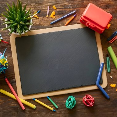 Tahta yüzeyde tahtası olan okul dekorasyonuna geri dön..