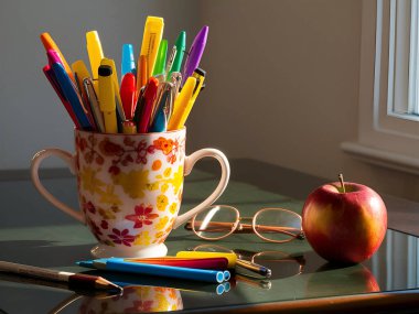Cup with colorful stationery near glasses and apple on table Ai generative. clipart