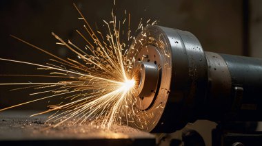 Öğütücü metal, kıvılcımlar uçuşuyor, yakın plan. Tanınmayan bir adamın ince metal çubuğu elektrikli öğütücüyle kestiği ön manzara. Ai üretken