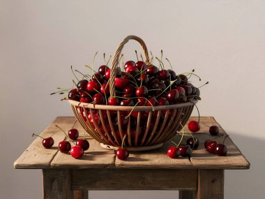 Sepette kiraz Whit ahşap masa. 