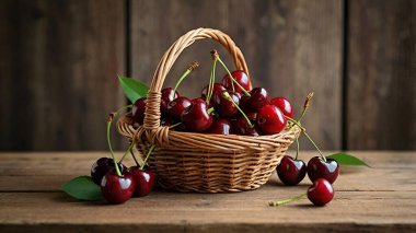 Cherry in the basket whit wooden table.  clipart