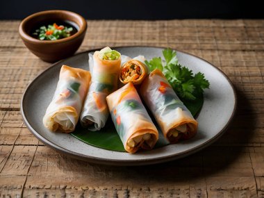 Taze bahar, besinleri beyaz arka planda seramik tabakta yuvarlar. Ai üretken