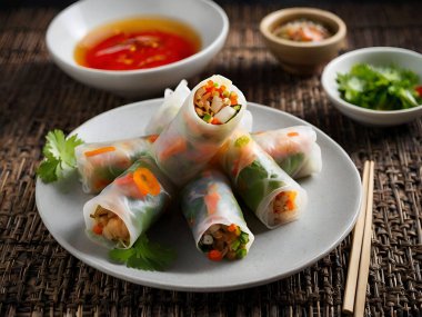 Taze bahar, besinleri beyaz arka planda seramik tabakta yuvarlar. Ai üretken