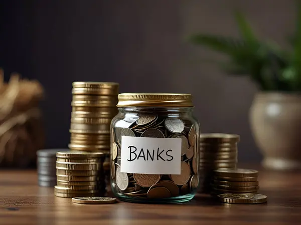 stock image A jar of coins with International Banks Day Ai generated