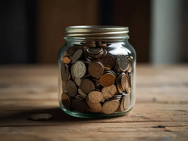 stock image A jar of coins with International Banks 