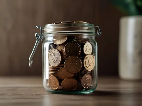 stock image A jar of coins with International Banks Day Ai generated