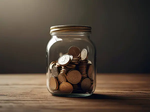 stock image A jar of coins with International Banks Day Ai generated