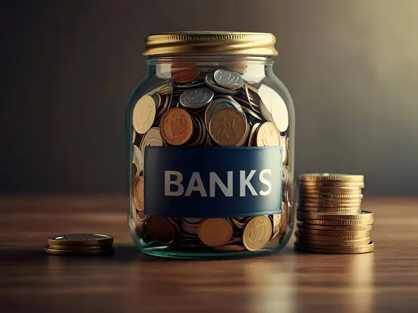 stock image A jar of coins with International Banks Day Ai generated