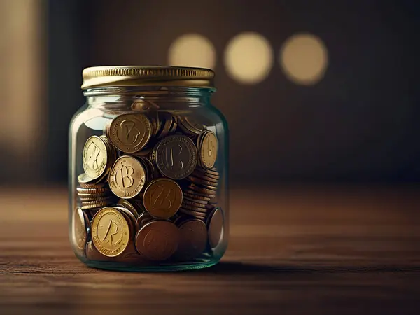 stock image A jar of coins with International Banks Day Ai generated