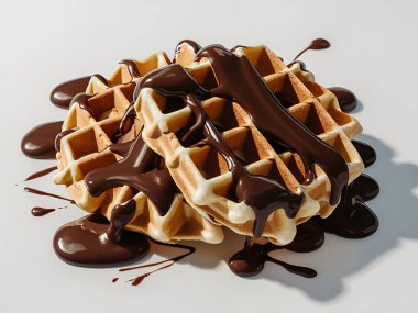 Beyaz arka plan yapay zekasına Belçika Waffle 'ının üstüne çikolata dökmek.