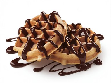 Beyaz arka plan yapay zekasına Belçika Waffle 'ının üstüne çikolata dökmek.