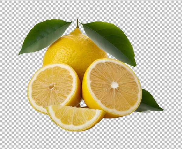  Lemon slice fruit and leaves isolated on alpha layer on transparent background Ai generative.