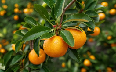 Olgunlaşmış meyve portakal ağaçlarıyla. 