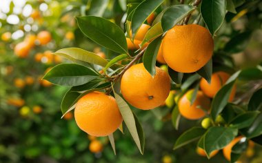 Olgunlaşmış meyve portakal ağaçlarıyla