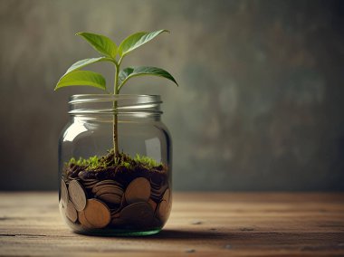 Green plant growth in coin jar copy space. Ai generative clipart