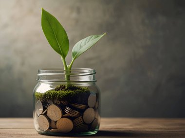 Green plant growth in coin jar copy space. Ai generative clipart