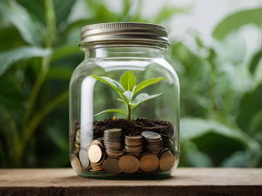 Green plant growth in coin jar copy space. Ai generative clipart