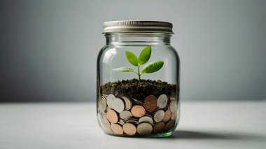 Bozuk para kavanozundaki yeşil bitki büyümesi kopyalama alanı. Ai üretken