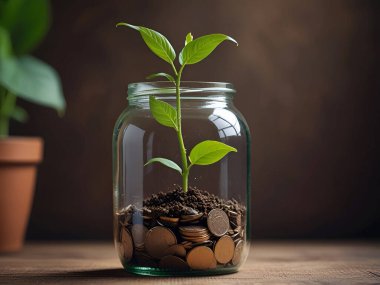 Bozuk para kavanozundaki yeşil bitki büyümesi kopyalama alanı. Ai üretken