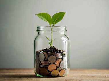 Bozuk para kavanozundaki yeşil bitki büyümesi kopyalama alanı. Ai üretken
