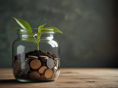 Bozuk para kavanozundaki yeşil bitki büyümesi kopyalama alanı. Ai üretken