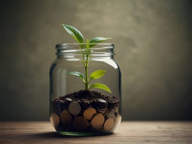 Bozuk para kavanozundaki yeşil bitki büyümesi kopyalama alanı. Ai üretken
