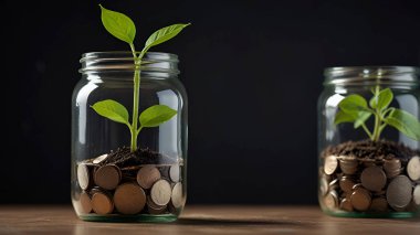 Bozuk para kavanozundaki yeşil bitki büyümesi kopyalama alanı. Ai üretken