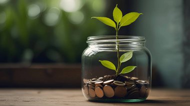 Bozuk para kavanozundaki yeşil bitki büyümesi kopyalama alanı. Ai üretken