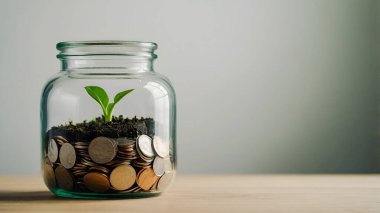 Bozuk para kavanozundaki yeşil bitki büyümesi kopyalama alanı. Ai üretken