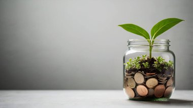 Bozuk para kavanozundaki yeşil bitki büyümesi kopyalama alanı. Ai üretken