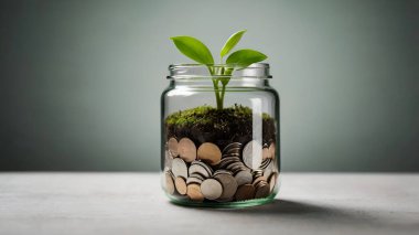 Bozuk para kavanozundaki yeşil bitki büyümesi kopyalama alanı. Ai üretken