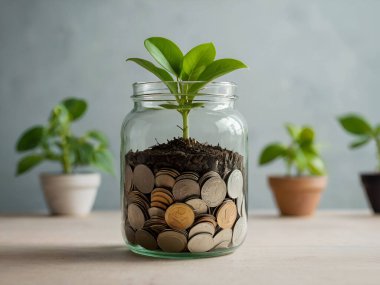 Bozuk para kavanozundaki yeşil bitki büyümesi kopyalama alanı. Ai üretken