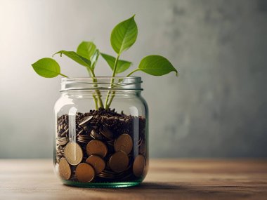 Bozuk para kavanozundaki yeşil bitki büyümesi kopyalama alanı. Ai üretken