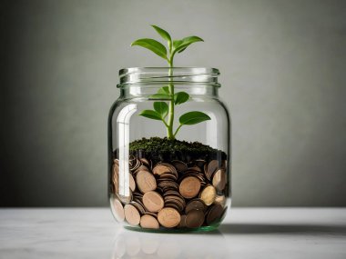 Bozuk para kavanozundaki yeşil bitki büyümesi kopyalama alanı. Ai üretken