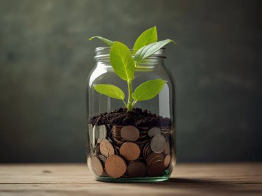 Bozuk para kavanozundaki yeşil bitki büyümesi kopyalama alanı. Ai üretken