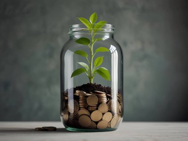Bozuk para kavanozundaki yeşil bitki büyümesi kopyalama alanı. Ai üretken