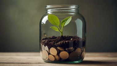 Bozuk para kavanozundaki yeşil bitki büyümesi kopyalama alanı. Ai üretken