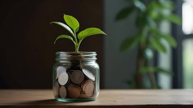 Bozuk para kavanozunda yeşil bitki yetişiyor. Ai üretken