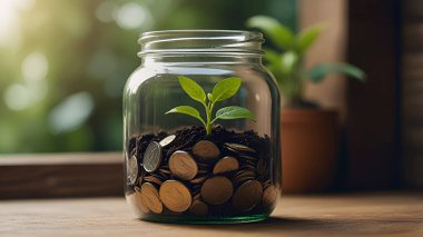 Bozuk para kavanozunda yeşil bitki yetişiyor. İş ve finansal büyüme kavramları için kopyalama alanı. Ai üretken