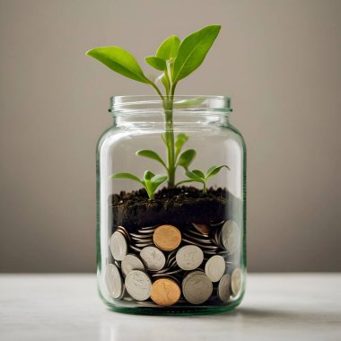 Bozuk para kavanozunda yeşil bitki yetişiyor. İş ve finansal büyüme kavramları için kopyalama alanı. Ai üretken