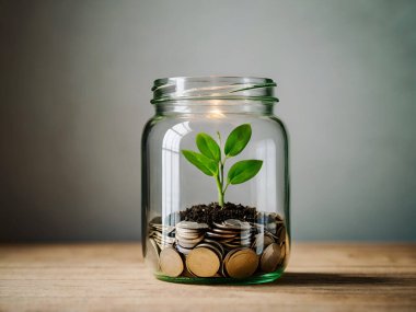 Bozuk para kavanozunda yeşil bitki yetişiyor. Ai üretken
