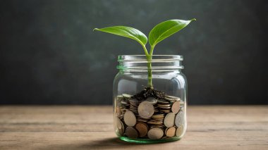 Bozuk para kavanozunda yeşil bitki yetişiyor. Ai üretken