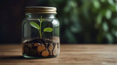 Bozuk para kavanozunda yeşil bitki yetişiyor. Ai üretken