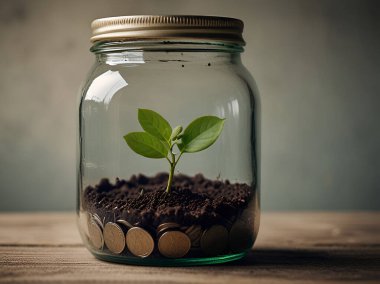 Bozuk para kavanozunda yeşil bitki yetişiyor. Ai üretken