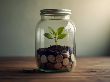 Bozuk para kavanozunda yeşil bitki yetişiyor. Ai üretken
